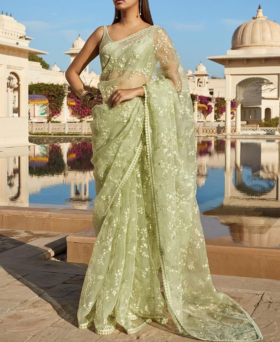VF - Classy olive green net embroidered saree