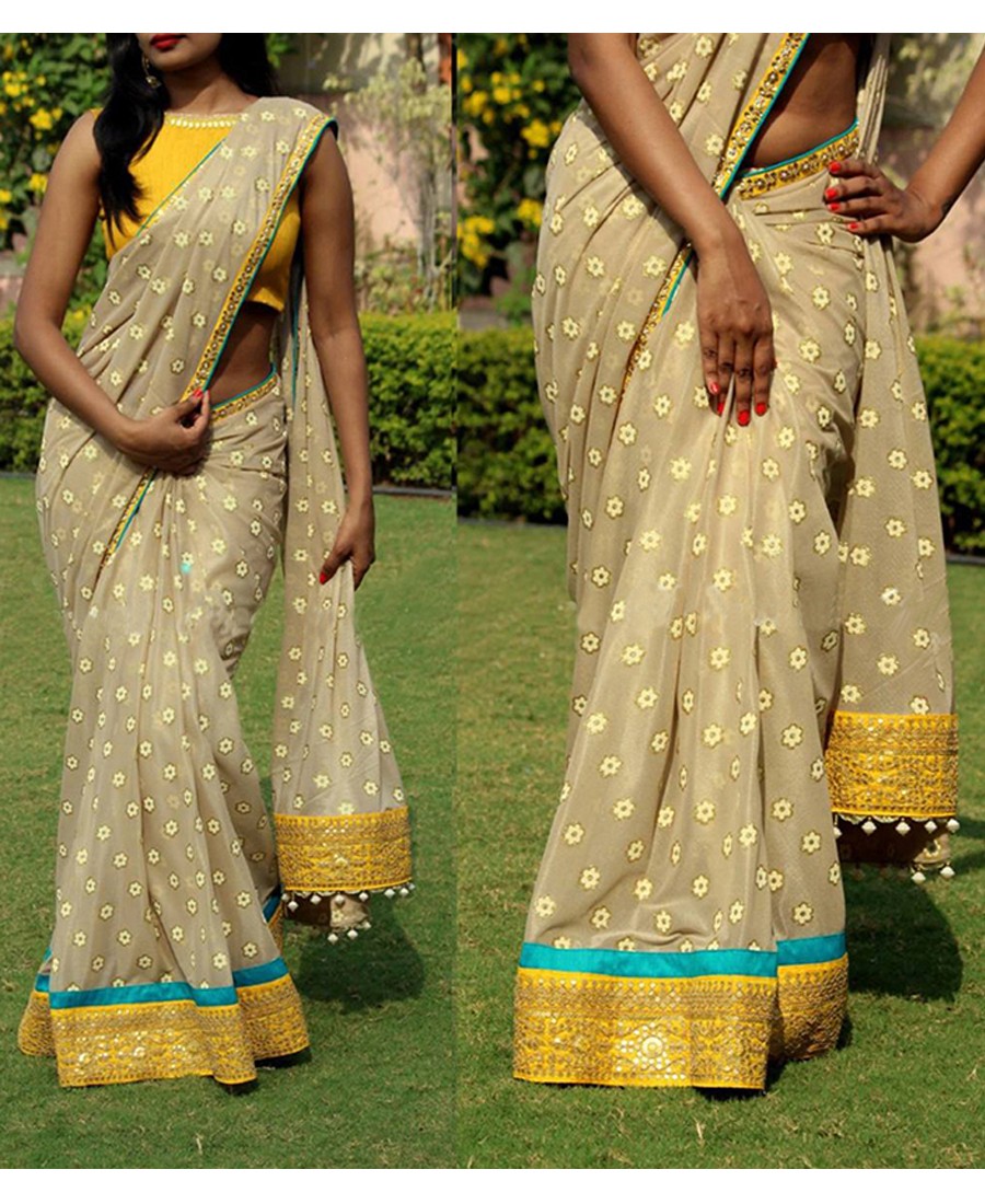 RE - Entrancing Goldenrod Georgette Fabric Thread work saree