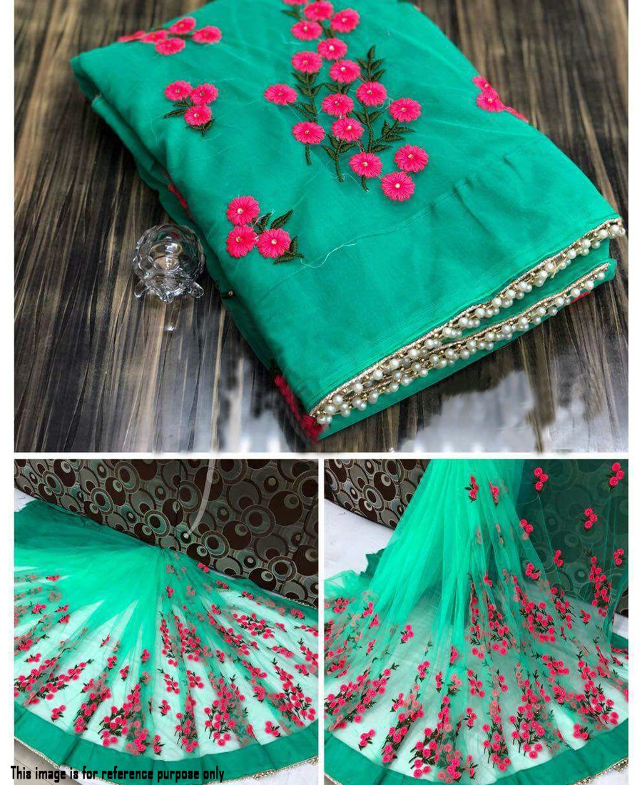 RE - Winsome green soft mono net pearl work border saree