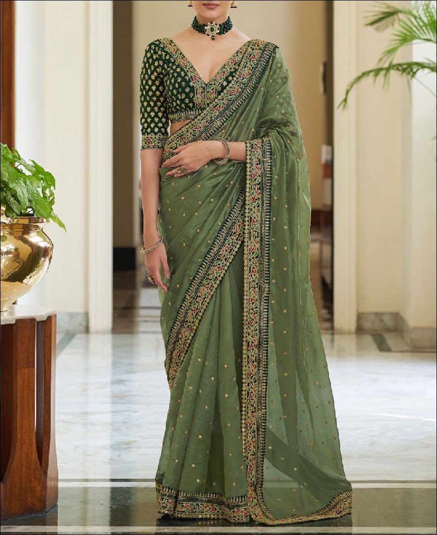 Pista Green color Vichitra Silk Emboidery Saree