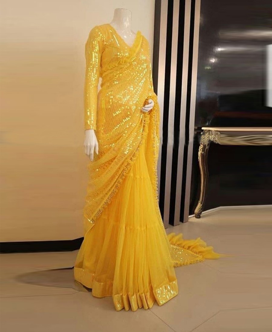 RE - Net Embroidered Yellow Saree