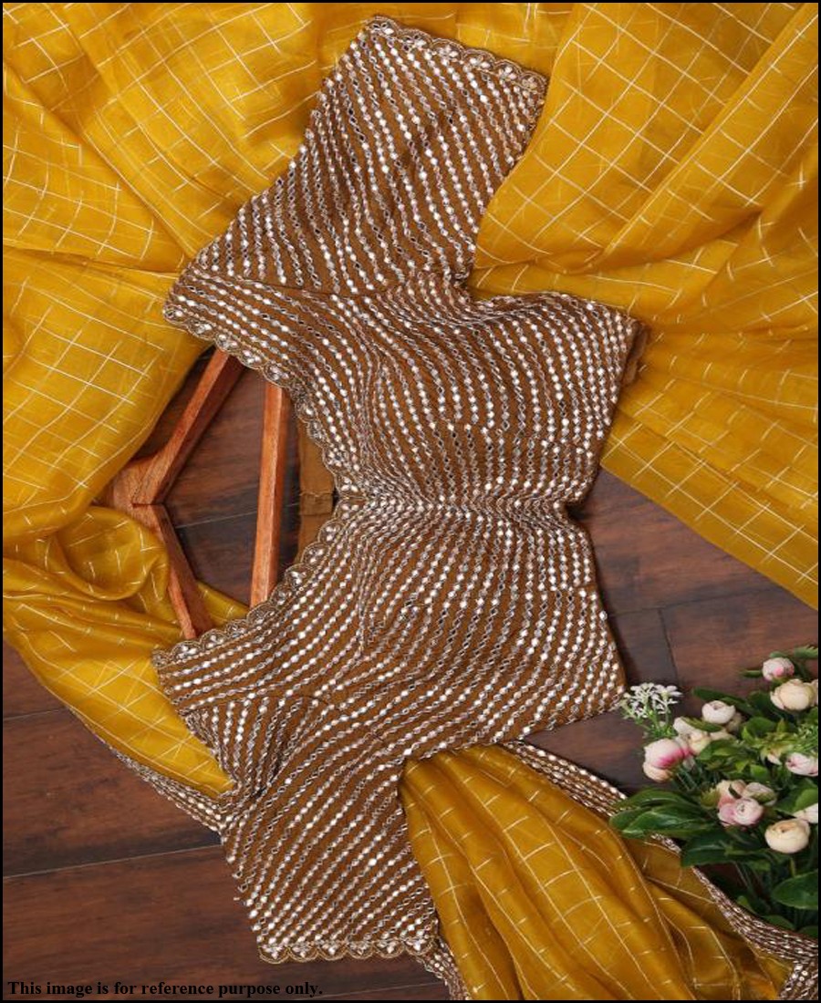 PF - Classic yellow chanderi checks jacquard saree with mirror work blouse