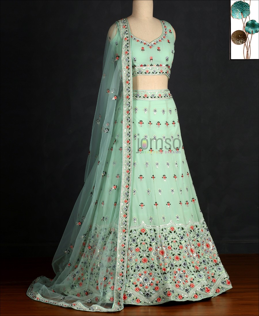 Pista Colored Party Wear Georgette Embroidery Work Lehenga Choli