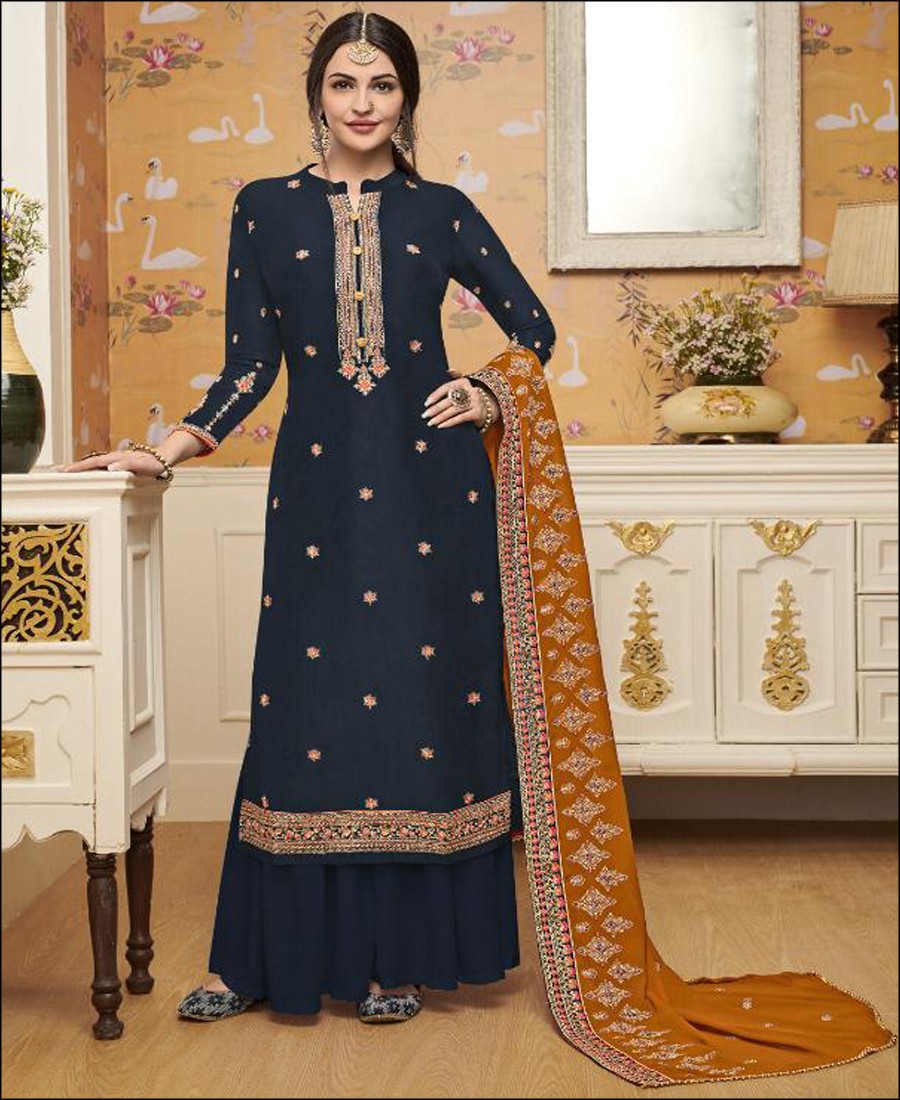 RF - Navy blue French Crepe Silk Straight palazo style suit