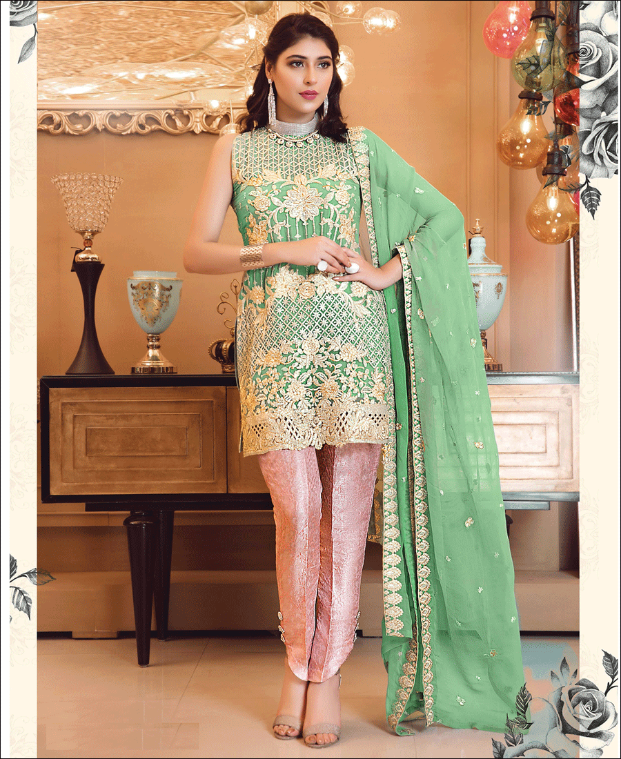 RF - Embroidered Faux Georgette Pakistani Suit in Green