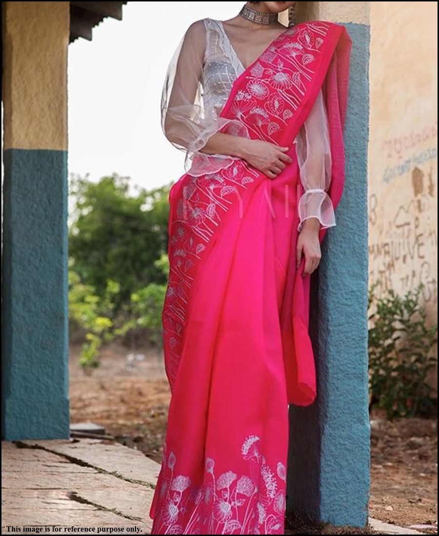 VF - Elegant Gajari Pink chanderi cotton white thread embroidered saree