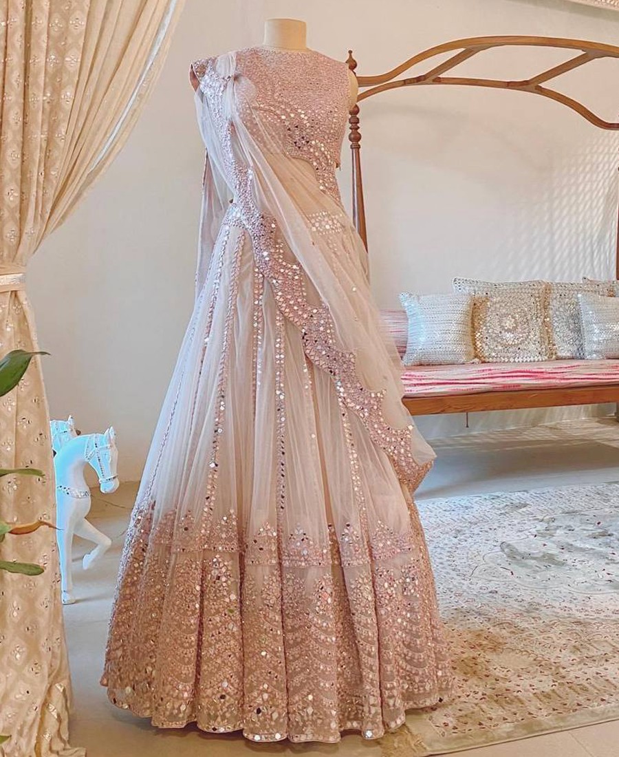 Wedding Wear Semi Stitched Raspberry Pink Mirror Work Lehenga Choli, 2.25m