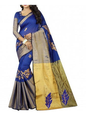BF - Blue Embroidery Poly cotton saree with blouse