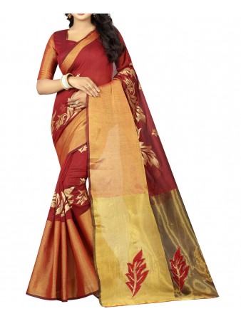 BF - Maroon Embroidery Poly cotton saree with blouse