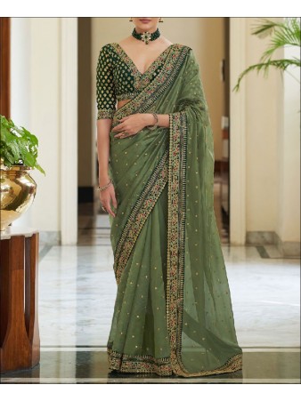 Pista Green color Vichitra Silk Emboidery Saree