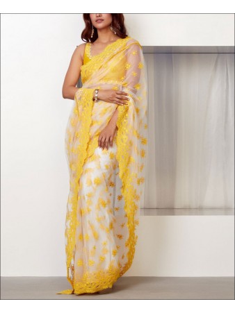 RE - White and Yellow Butterfly Net Thread Work Saree