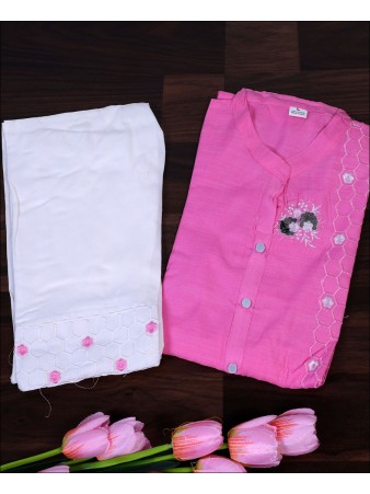 Pink Cotton Embroidery Work Kurti Set
