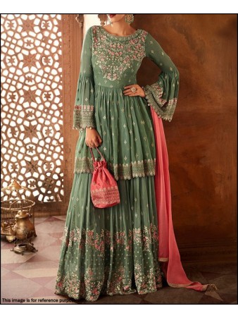 VF - traditinal olive green multi color thread embroidered sharara suit