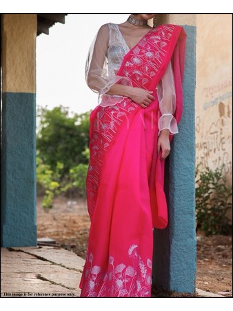VF - Elegant Gajari Pink chanderi cotton white thread embroidered saree