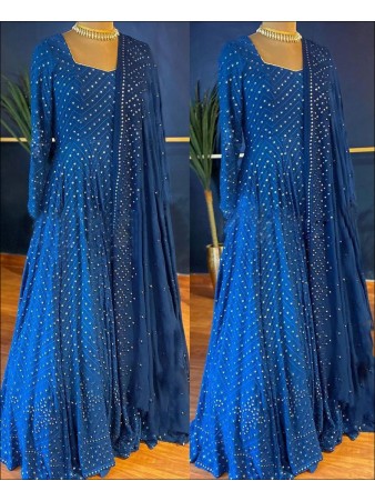 RE - Dark Blue Coloured Party Wear Georgette Gown With Dupatta