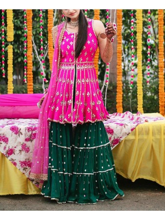 RE - Designer Party Wear Pink And Green Sharara Suit