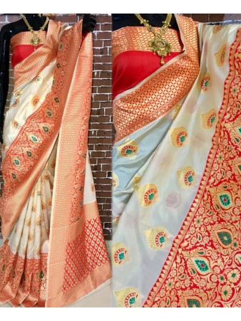 BF - Traditional White Banarasi kota silk saree with blouse